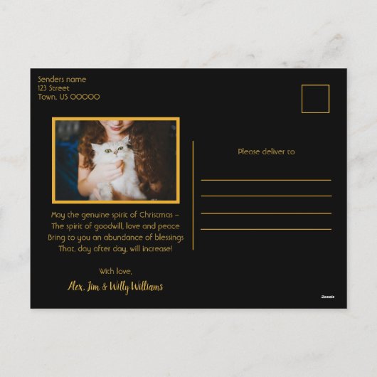 メリークリスマスツリーグリッターブラックファミリーフォト シーズンポストカード (裏面)