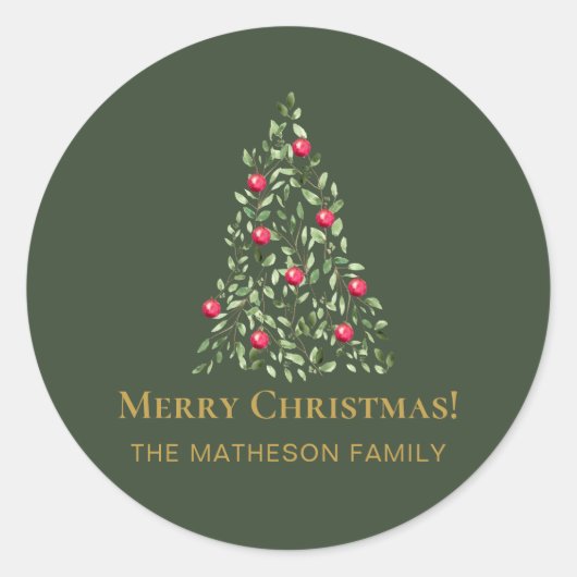 メリークリスマスツリーグリーン赤エレガントファミリー ラウンドシール (正面)