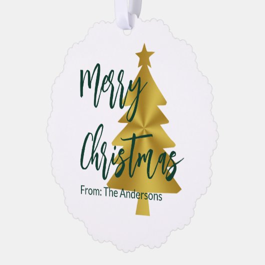 メリークリスマスツリーグリーン金ゴールドスクリプト名 オーナメントカード (左)