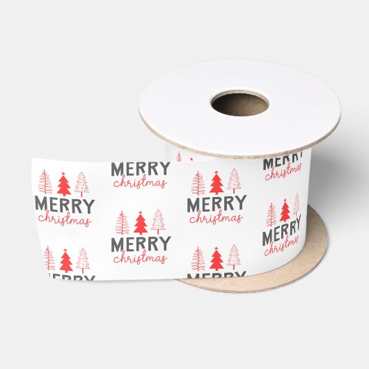 メリークリスマスツリーグレーレッド サテンリボン (リール)