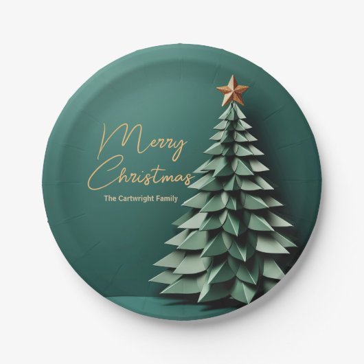 メリークリスマスツリーゴージャスグリーン金ゴールドパーティー ペーパープレート (正面)
