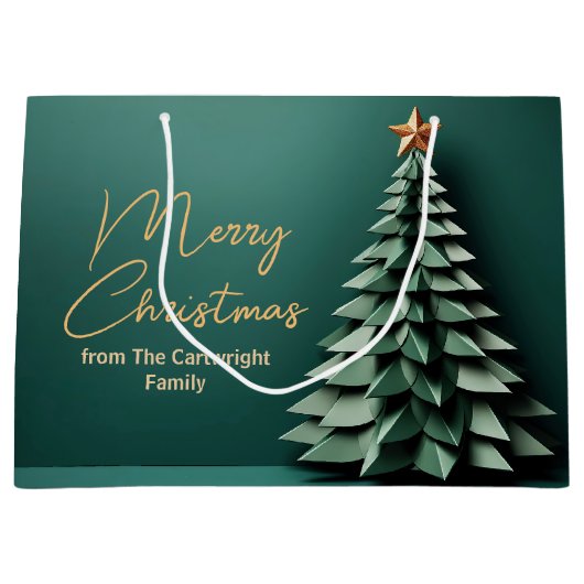 メリークリスマスツリーゴージャスグリーン金ゴールドパーティー ラージペーパーバッグ (正面)