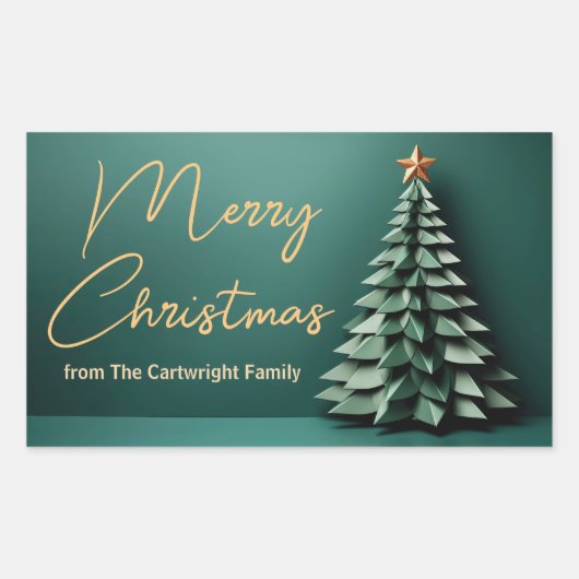 メリークリスマスツリーゴージャスグリーン金ゴールドパーティー 長方形シール (正面)