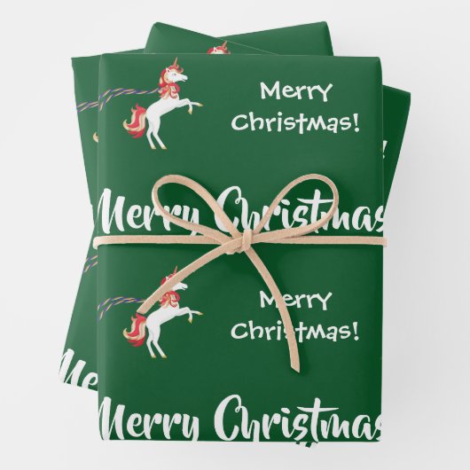 メリークリスマスツリーサンタかわいい子どもたちユニコーングリーン ラッピングペーパーシート (インサイチュ)