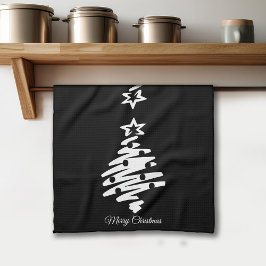 メリークリスマスツリーシルエットブラックホリデー キッチンタオル