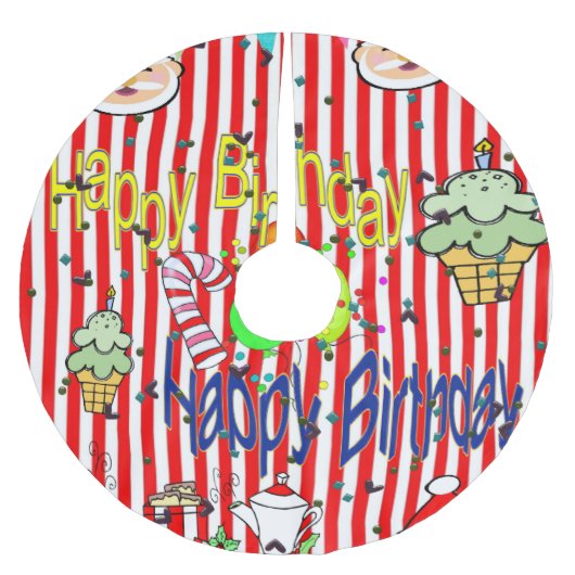 メリークリスマスツリースカートハッピーバースデー ブラッシュドポリエステルツリースカート (正面)