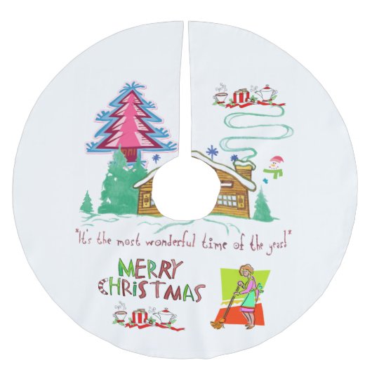 メリークリスマスツリースカート清掃女性 ブラッシュドポリエステルツリースカート (正面)