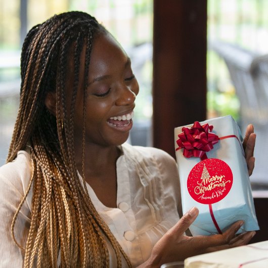 メリークリスマスツリースクリプト名金ゴールドConfettiRed ラウンドシール