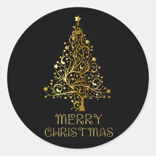 メリークリスマスツリースターズブラック金ゴールドシャイニーシック ラウンドシール (正面)