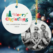 メリークリスマスツリーズカラフルレトロフォント セラミックオーナメント