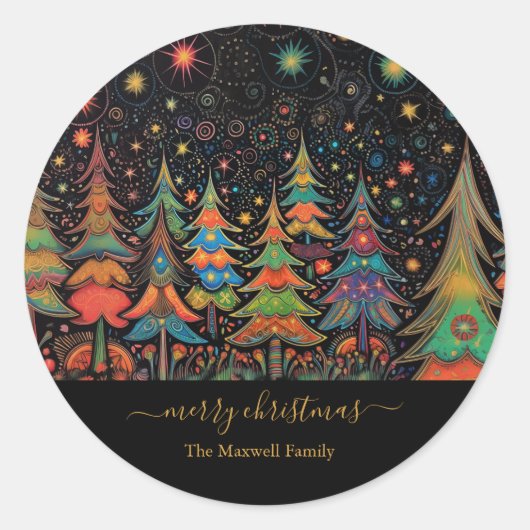 メリークリスマスツリーズカラフル ラウンドシール (正面)