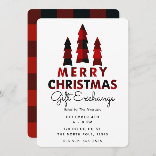 メリークリスマスツリーズプレイドホリデーギフト交換 招待状 (正面/裏面)