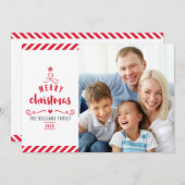 メリークリスマスツリータイポグラフィ家族写真赤 シーズンカード (正面/裏面)