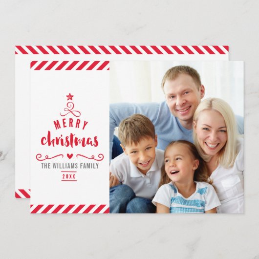 メリークリスマスツリータイポグラフィ家族写真赤 シーズンカード (正面/裏面)