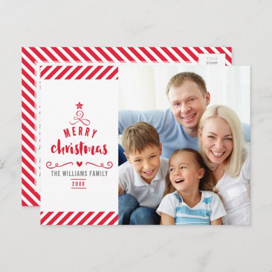メリークリスマスツリータイポグラフィ家族写真赤 シーズンポストカード