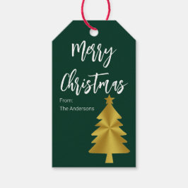 メリークリスマスツリーダークグリーンと金ゴールド名 ギフトタグ