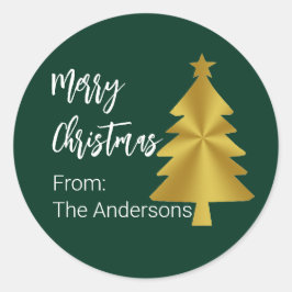 メリークリスマスツリーダークグリーン金ゴールド名ギフトラベル ラウンドシール