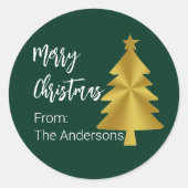 メリークリスマスツリーダークグリーン金ゴールド名ギフトラベル ラウンドシール (正面)
