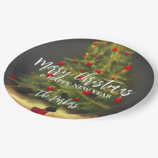 メリークリスマスツリーハッピーニューイヤー家族の名前 ペーパープレート (アングル)