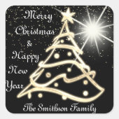メリークリスマスツリーハッピーニューイヤー金ゴールドブラック スクエアシール (正面)