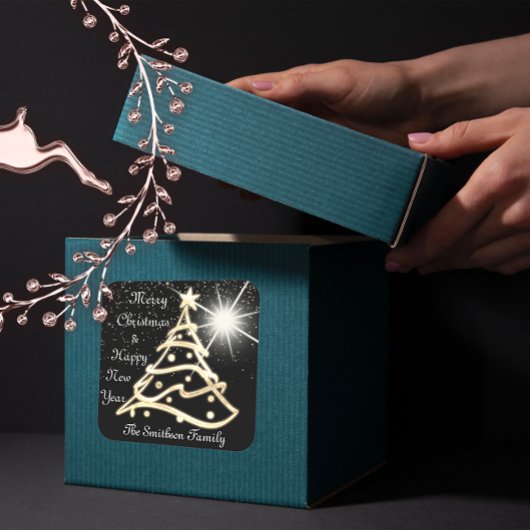 メリークリスマスツリーハッピーニューイヤー金ゴールドブラック スクエアシール