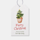 メリークリスマスツリーバスケット緑の水色 ギフトタグ (正面)