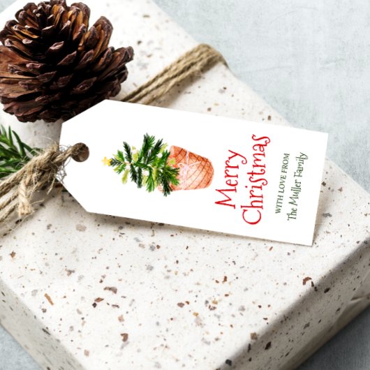 メリークリスマスツリーバスケット緑の水色 ギフトタグ