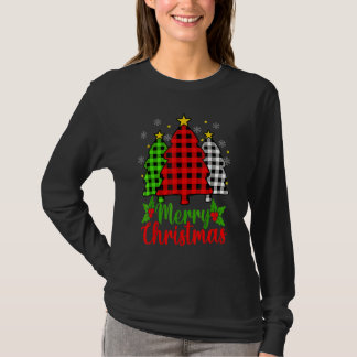 メリークリスマスツリーバッファロープレイドレッドホワイトグリーン Tシャツ