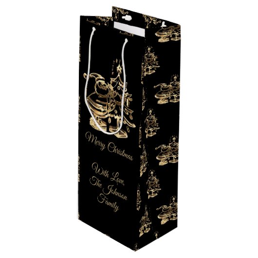 メリークリスマスツリーパターンブラック金ゴールド ワインギフトバッグ (正面アングル)