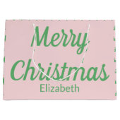 メリークリスマスツリーピンクとグリーンの文字名 ラージペーパーバッグ (正面)