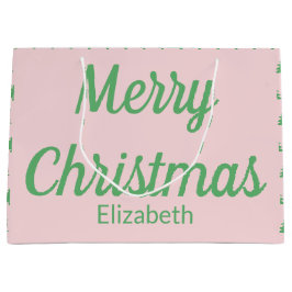 メリークリスマスツリーピンクとグリーンの文字名 ラージペーパーバッグ