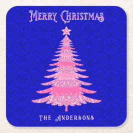 メリークリスマスツリーピンクの雪パーソナライズされた片 スクエアペーパーコースター