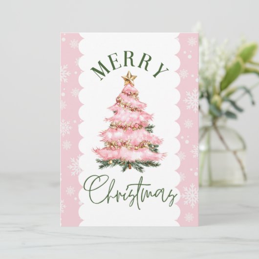 メリークリスマスツリーピンクスノーホリデーカード シーズンカード (スタンド正面)