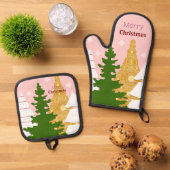 メリークリスマスツリーピンク 鍋つかみ&鍋敷きセット (トップダウン)
