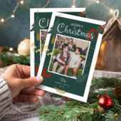 メリークリスマスツリーファミリーフォトグリーン레드 シーズンカード