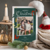 メリークリスマスツリーファミリーフォトグリーン레드 シーズンカード
