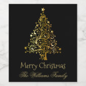 メリークリスマスツリーブラックイエローエレガント金ゴールド ワインラベル (シングルラベル)