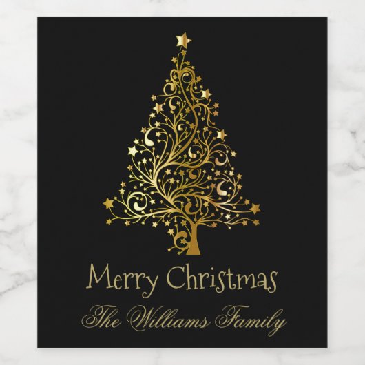 メリークリスマスツリーブラックイエローエレガント金ゴールド ワインラベル (シングルラベル)