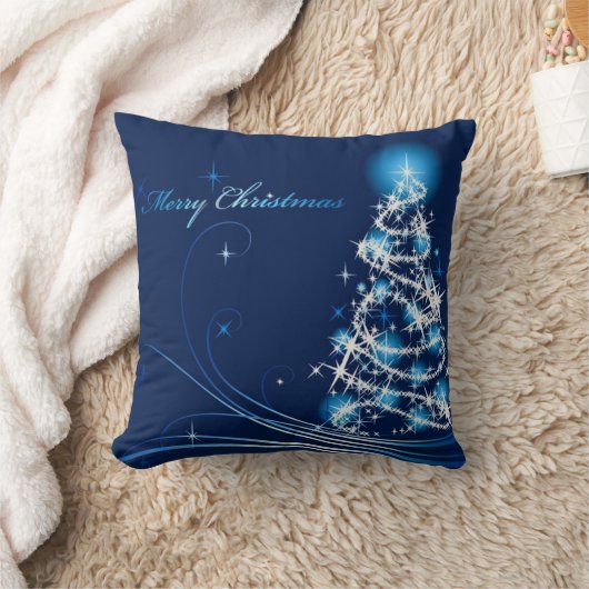 メリークリスマスツリーブルー枕 クッション (ブランケット)