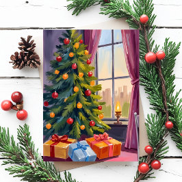 メリークリスマスツリーホリデー絵画カード シーズンポストカード