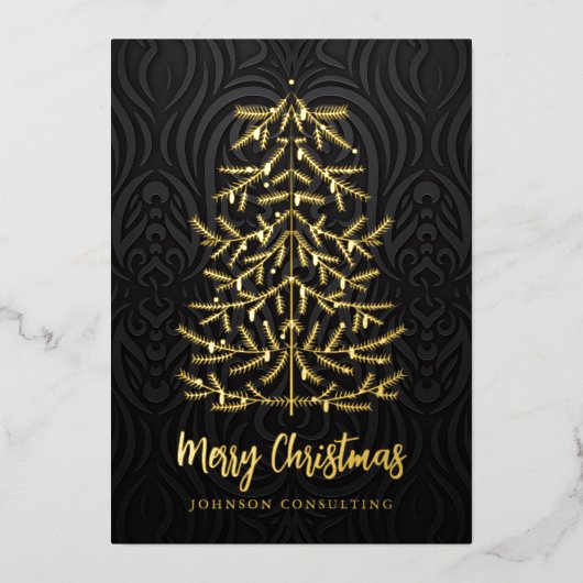 メリークリスマスツリーモダンダマスク 箔シーズンカード (正面)