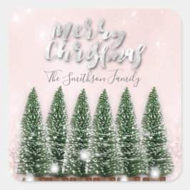 メリークリスマスツリーライトピンクグリッター名 スクエアシール