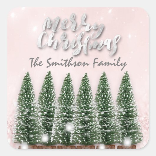 メリークリスマスツリーライトピンクグリッター名 スクエアシール (正面)
