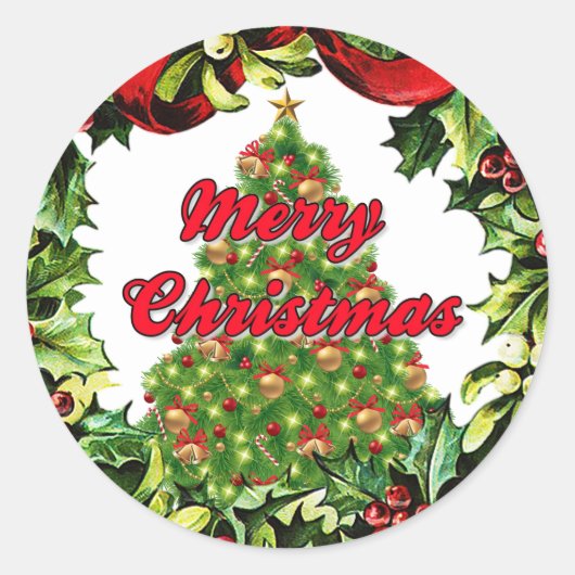 メリークリスマスツリーリースラウンドステッカー ラウンドシール (正面)