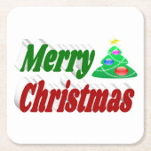 メリークリスマスツリーレッドグリーンタイポグラフィ スクエアペーパーコースター (正面)