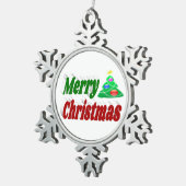 メリークリスマスツリーレッドグリーンタイポグラフィ スノーフレークピューターオーナメント (右)