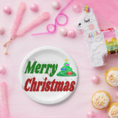 メリークリスマスツリーレッドグリーンタイポグラフィ ペーパープレート (パーティー)