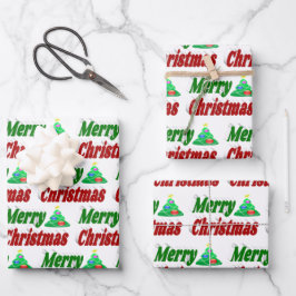 メリークリスマスツリーレッドグリーンタイポグラフィ ラッピングペーパーシート