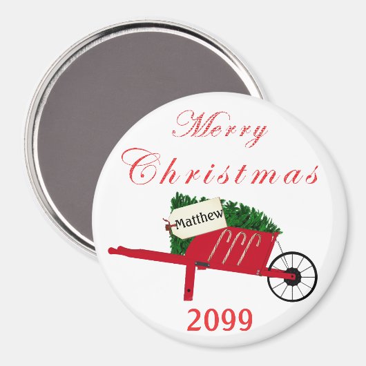 メリークリスマスツリーレッドヴィンテージ車いす マグネット (正面/裏面)