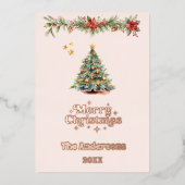 メリークリスマスツリー写真年レビューバラ金ゴールド 箔シーズンカード (正面)